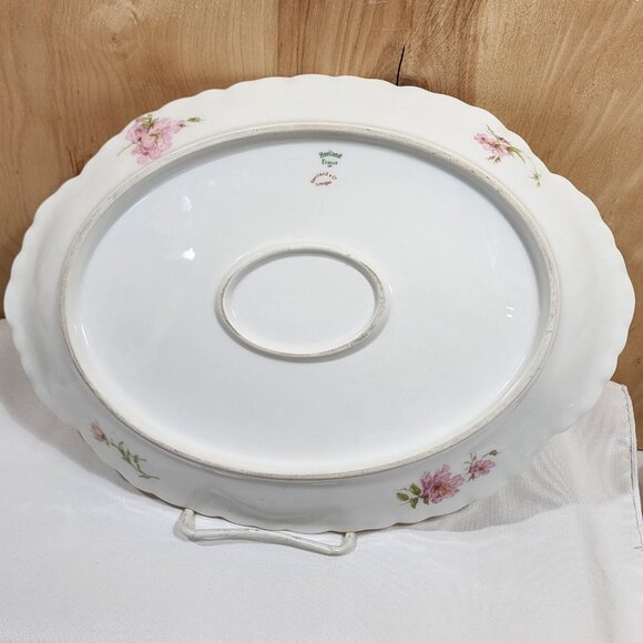 Theodore Haviland Limoges Platter 14x10" Schleiger 144 Green Scrolls Pink Rose - Picture 4 of 10